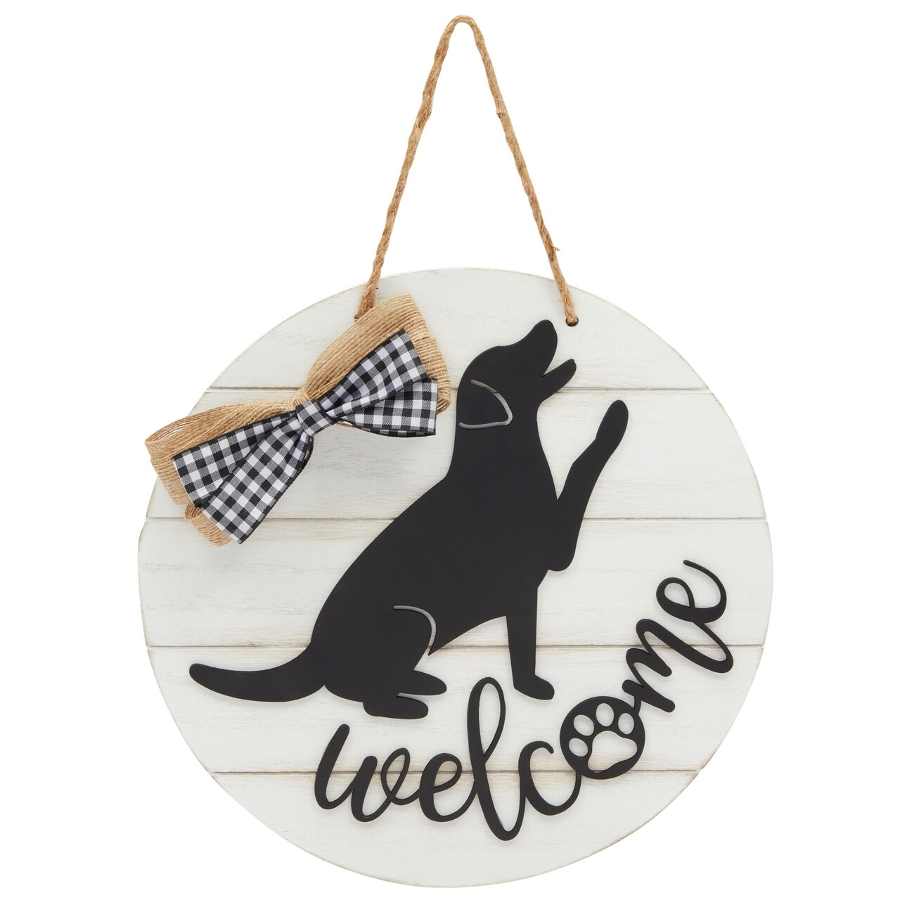 Farmhouse Front Porch Welcome Sign with Checkered Bowtie, Black Script Lettering, Housewarming Gifts (12 In)